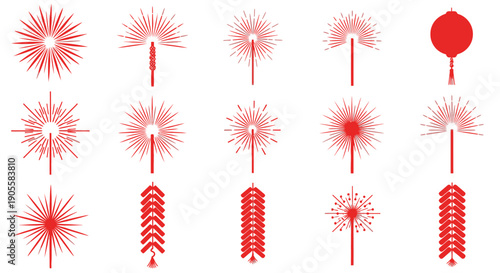 Collection of traditional red Chinese firecrackers and sparkling fireworks isolated on a white background, celebrating festive occasions and cultural traditions