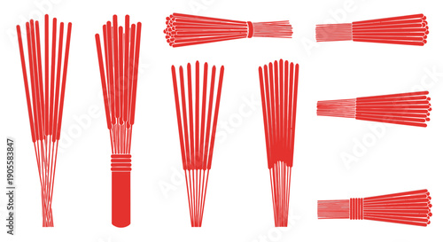 Collection of various bundled red incense sticks, illustrations of incense in different formations and designs, showcasing a variety of styles