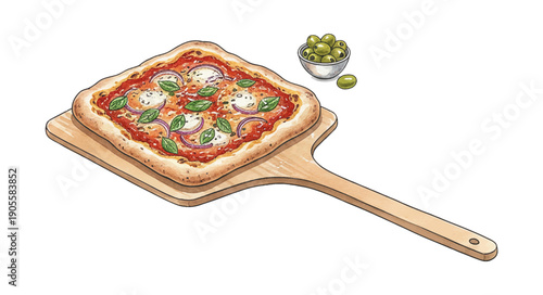Delicious Square Shaped Pizza with Fresh Basil Mozzarella Red Onions Served on a Wooden Peel Next to Green Olives