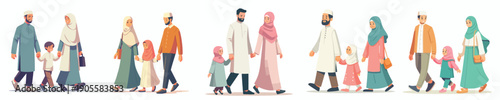 vector of Muslim family walking together happily while fasting during Ramadan side view