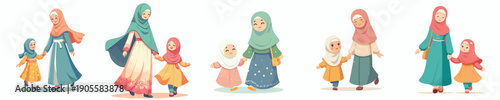 vector of Muslim mother and her daughter walking together happily front view