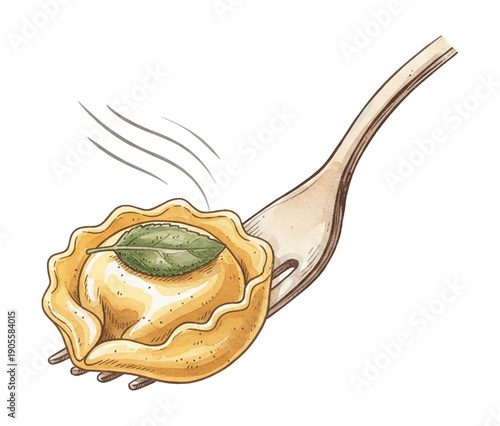 Hot Italian Pasta Tortelloni with Fresh Green Leaf on a Fork Ready to Eat Delicious Cuisine