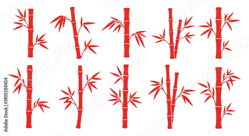 Red bamboo stalks and branches set with leaves, delicate natural elements for Asian-themed designs, elegant minimalist botanical illustrations perfect for decoration, art, and graphic projects