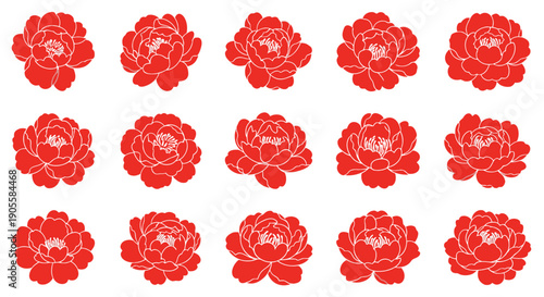 A vibrant collection of red peonies in full bloom, rendered in a clean, graphic illustration style, perfect for adding a touch of natural beauty and elegance to any design project or background