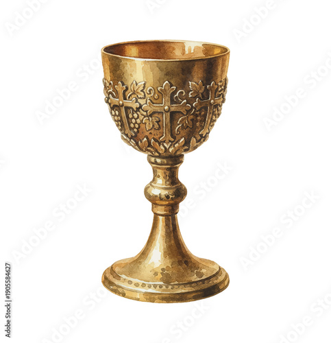 Elegant Golden Chalice Adorned with Cross and Grapevine Engravings on a Dark Background
