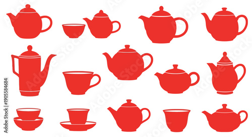 Collection of various red teapots and cups, showcasing different styles and designs perfect for tea ceremonies or kitchen decor, evoking warmth and tradition