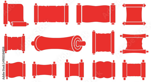 Collection of vintage scroll banners in red, showcasing diverse designs and shapes for historical document display, ancient manuscript presentation, and decorative scrollwork art