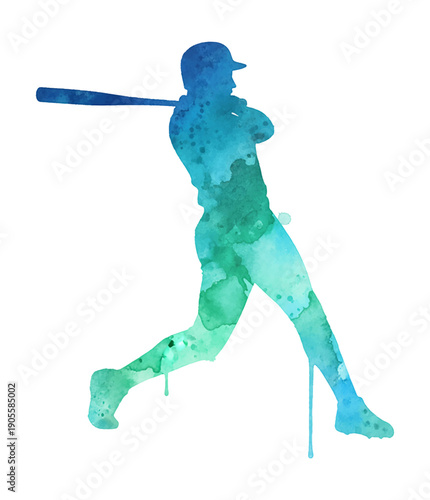 Baseball player swinging a bat with power and energy in a blue green watercolor silhouette