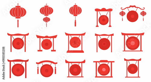 Traditional Chinese Red Lanterns and Gongs for Festive Decorations, Celebrations, and Cultural Events, Symbols of Luck and Prosperity