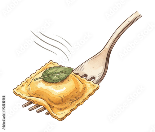 Delicious pasta ravioli with a fresh green leaf on a fork ready to be eaten warm food illustration