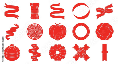 A collection of decorative red ribbons and bows, perfect for gift wrapping, crafts, and adding a festive touch to any design project, all presented in a clean, graphic style for versatile use