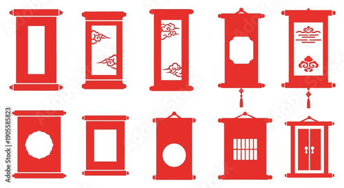 A collection of traditional Chinese scroll art designs, featuring intricate patterns and decorative elements in a vibrant red hue, showcasing cultural heritage and artistic craftsmanship