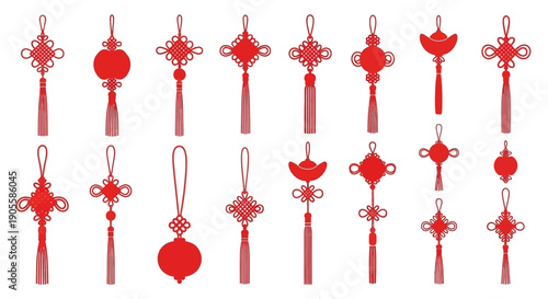 A collection of traditional Chinese knot decorations, showcasing intricate red tassels and symbolizing good luck and prosperity for festive occasions and cultural celebrations