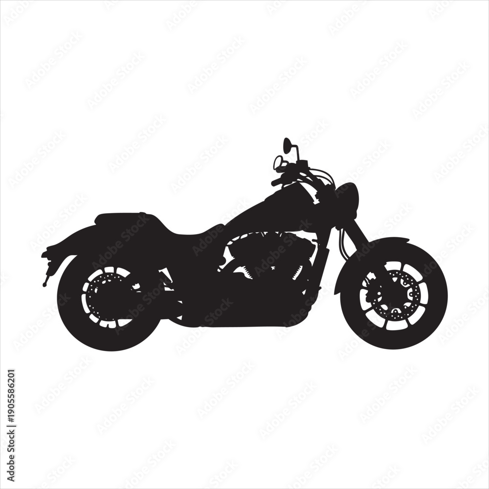 Obraz premium Black silhouette of heavy cruiser motorcycle isolated on white background profile vector
