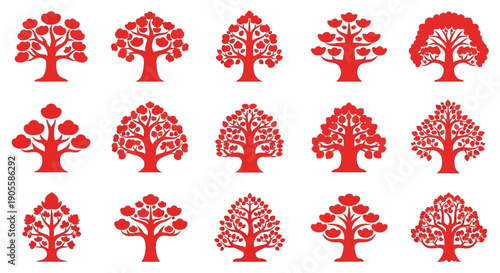 Collection of stylized red trees, symbolizing growth, nature, and life, perfect for design elements and artistic projects focusing on natural themes and vibrant aesthetics