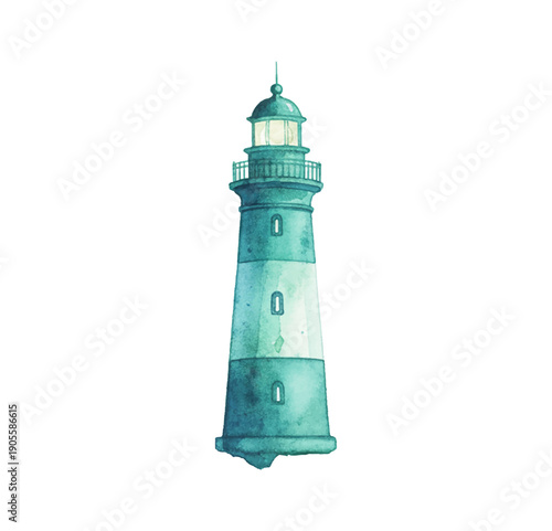 A watercolor lighthouse stands tall emitting a guiding light against the dark night sky