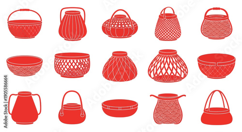 A variety of decorative baskets and bowls made from woven materials, showcased in a clean, minimalist graphic illustration with a red color scheme