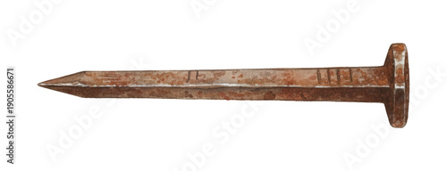 Rustic Metal Nail Hand Painted Watercolor Illustration with Weathered Brown and Orange Rust Detail and Textured Surface