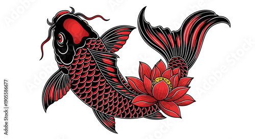 Vibrant Red Koi Fish and Lotus Flower Illustration - Japanese Tattoo Style
