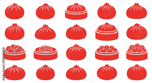 A vibrant collection of red Chinese steamed dumplings, featuring various intricate pleats and steaming basket presentations, perfect for culinary and cultural themes