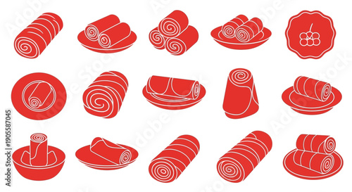 Collection of minimalist vector line art icons showing rolled food items like crepes, pancakes, and wraps, ideal for culinary branding, digital menus, and food graphic designs