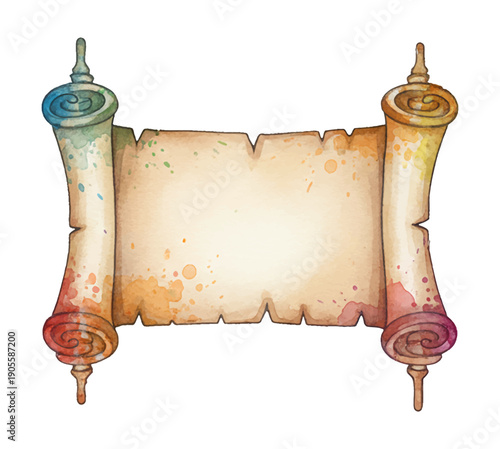 Old Colorful Watercolor Scroll with Rough Edges and Speckled Texture Unfurled for Message