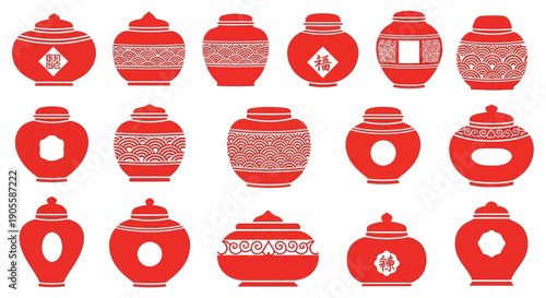 Red graphic jars and vases with intricate traditional patterns and auspicious symbols. Ideal for festive designs, cultural heritage themes, and creative celebration projects