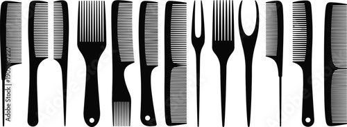 Collection of black comb silhouettes featuring fine-toothed, wide-toothed, rat-tail, hair picks, and styling tools, perfect for hair care vector art, salon design, and grooming graphics.