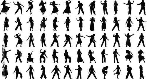 Collection of black dancing silhouettes in diverse expressive poses, perfect for dance illustration, human motion vector art, performance design, and body movement graphic projects.