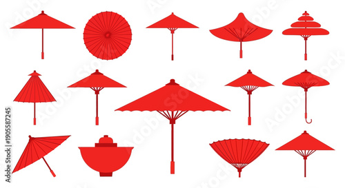 A vibrant collection of traditional red Asian umbrellas and decorative parasols, showcasing diverse cultural designs, elegant forms, and intricate details