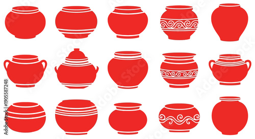 A collection of traditional red pottery vases with decorative patterns and various sizes, showcasing unique handcrafted ceramic vessels perfect for home decor and artistic displays