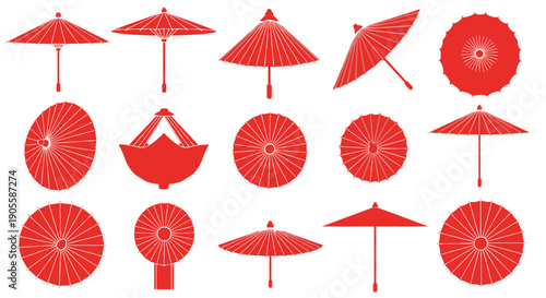 A comprehensive collection of elegant traditional Japanese and Chinese paper umbrellas, showcasing their diverse forms and intricate designs, perfect for cultural and decorative projects