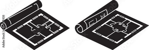 Architectural floor plans on rolled documents, home blueprint and real estate design concept.