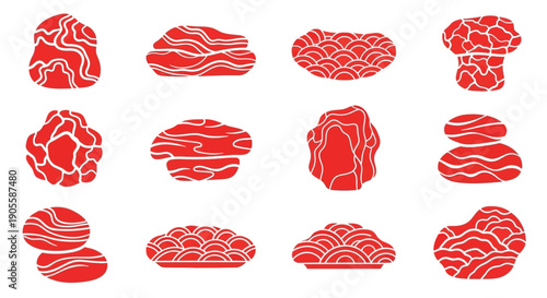 Artistic array of stylized raw meat illustrations, featuring elegant marbled patterns and organic shapes, ideal for contemporary food visuals and branding assets