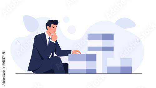 Businessman thoughtfully stacking blocks, career growth concept