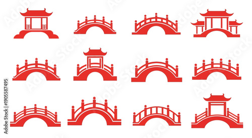 A comprehensive collection of traditional Asian red bridge and temple architectural elements, featuring ornate Chinese and Japanese-inspired designs, perfect for cultural and decorative projects