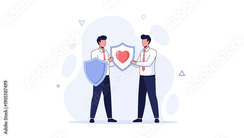 Two businessmen protecting a heart with shields, symbolizing health and life insurance