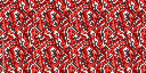 Seamless Intricate Red and Gray Pixel Art Tribal Geometric Pattern