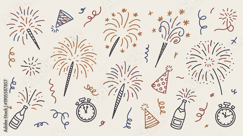 New Years Eve celebration elements including fireworks party poppers champagne bottles and countdown clocks hand-drawn vector illustration for festive design