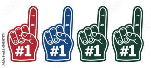 Fan Foam Hands Number One Vector Artwork, Sports Finger Gloves Showing Victory Sign, Red, Blue, Green, Black Icons For Team Spirit And Champion Concept.