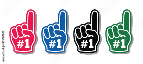 Fan Foam Hands Number One Vector Artwork, Sports Finger Gloves Showing Victory Sign, Red, Blue, Green, Black Icons For Team Spirit And Champion Concept.