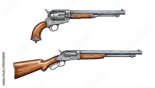 Vintage Revolver Handgun and Lever Action Rifle Detailed Illustration Old West Style Firearms