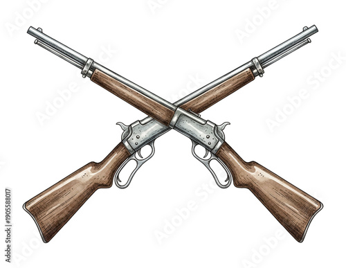 Two Vintage Lever Action Rifles Crossed Detailed Illustration Artwork with Wood and Metal
