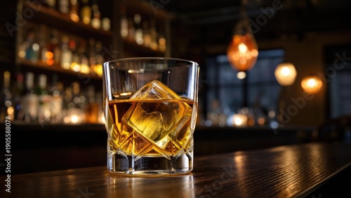 Whiskey drink with large ice cube in faceted glass sitting on polished wooden bar counter, with blurred bottles and warm lights in background creating inviting nightlife ambiance.