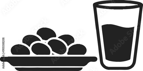 Dates fruit on plate with glass of water for breaking fast during ramadan Kareem celebration representing traditional iftar meal for muslim community in flat vector style design and simple graphics