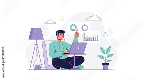 Man working remotely with laptop and charts, flat design illustration