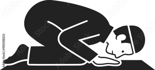 Muslim man performing a prostration gesture during prayer, silhouette icon representing islamic worship with face and hands touching ground, symbolizing submission and devotion in ramadan