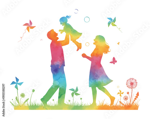 Happy family silhouettes playing with a child lifted by father in vibrant rainbow watercolor illustration