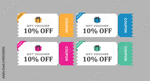 Set of Four Colorful Gift Vouchers for 10% Off Discount with Gift Box Icons