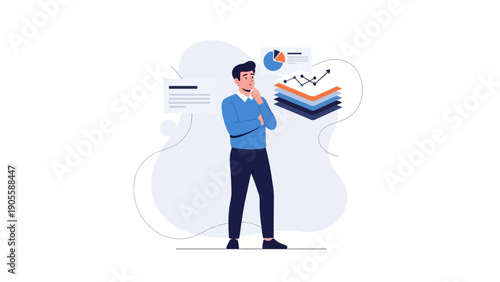 Man thinking about data analysis, charts, and strategy with graphs and reports